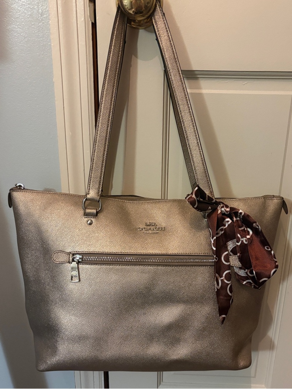 Coach Metallic Gold Tote with Brown Scarf Accent